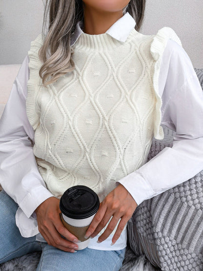 Sweater Vests- Diamond Knit High Neck Sweater Vest- - Pekosa Women Clothing