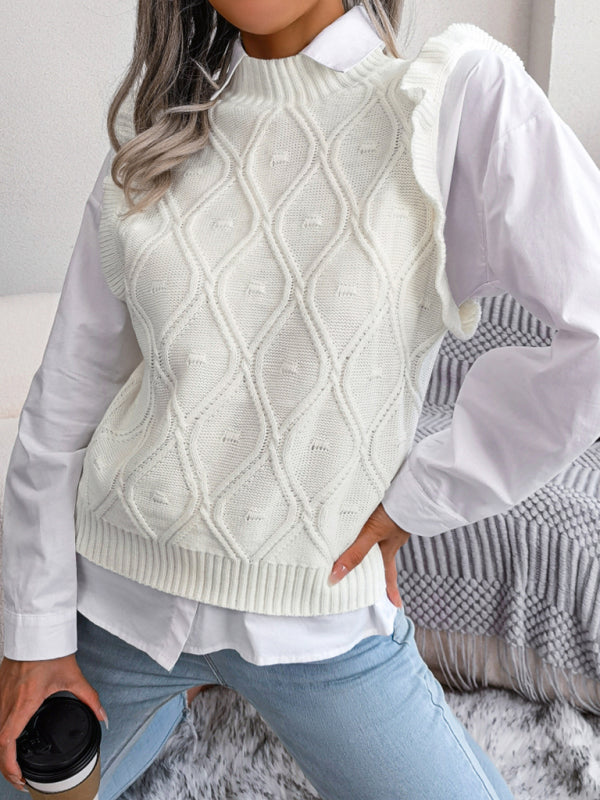 Sweater Vests- Diamond Knit High Neck Sweater Vest- - Pekosa Women Clothing