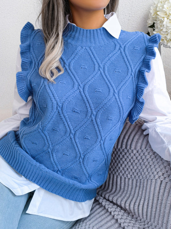 Sweater Vests- Diamond Knit High Neck Sweater Vest- - Pekosa Women Clothing