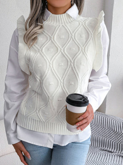 Sweater Vests- Diamond Knit High Neck Sweater Vest- White- Pekosa Women Clothing