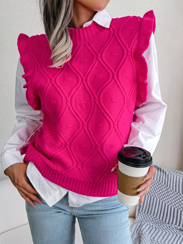 Sweater Vests- Diamond Knit High Neck Sweater Vest- Rose Red- Pekosa Women Clothing