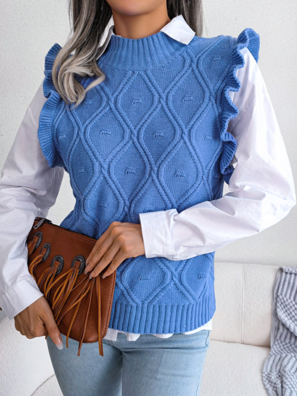 Sweater Vests- Diamond Knit High Neck Sweater Vest- - Pekosa Women Clothing