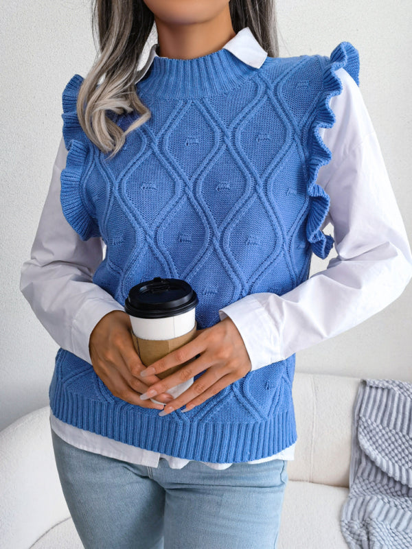 Sweater Vests- Diamond Knit High Neck Sweater Vest- Blue- Pekosa Women Clothing