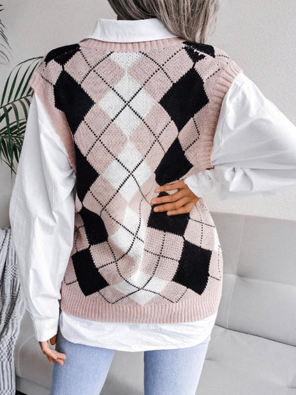 Sweater Vests- Diamond Knitted V Neck Sweater - Ribbed Vest- - Pekosa Women Clothing