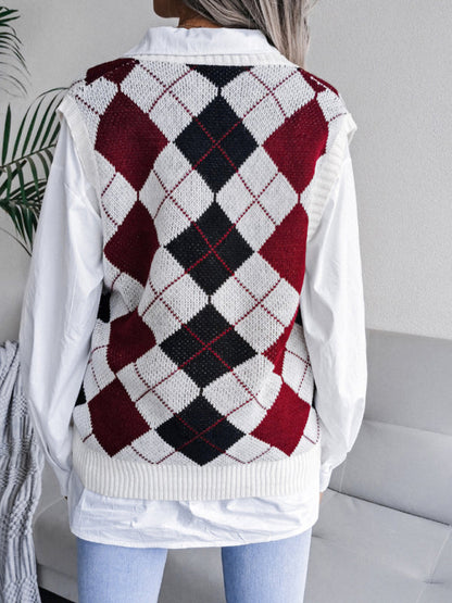 Sweater Vests- Diamond Knitted V Neck Sweater - Ribbed Vest- - Pekosa Women Clothing