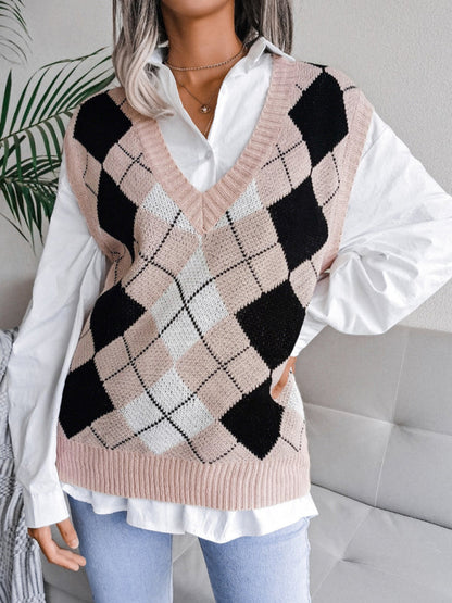 Sweater Vests- Diamond Knitted V Neck Sweater - Ribbed Vest- - Pekosa Women Clothing