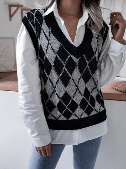 Sweater Vests- Diamond Knitted V Neck Sweater - Ribbed Vest- - Pekosa Women Clothing