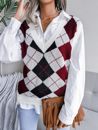 Sweater Vests- Diamond Knitted V Neck Sweater - Ribbed Vest- - Pekosa Women Clothing