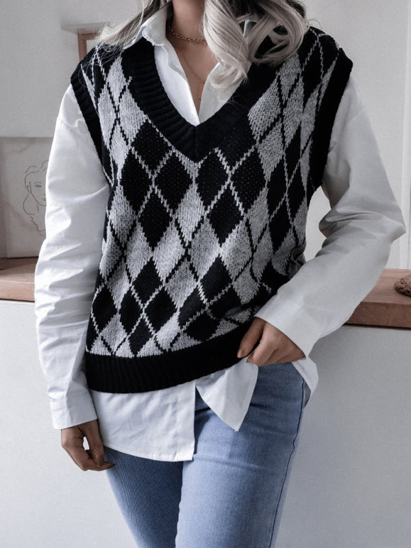 Sweater Vests- Diamond Knitted V Neck Sweater - Ribbed Vest- - Pekosa Women Clothing