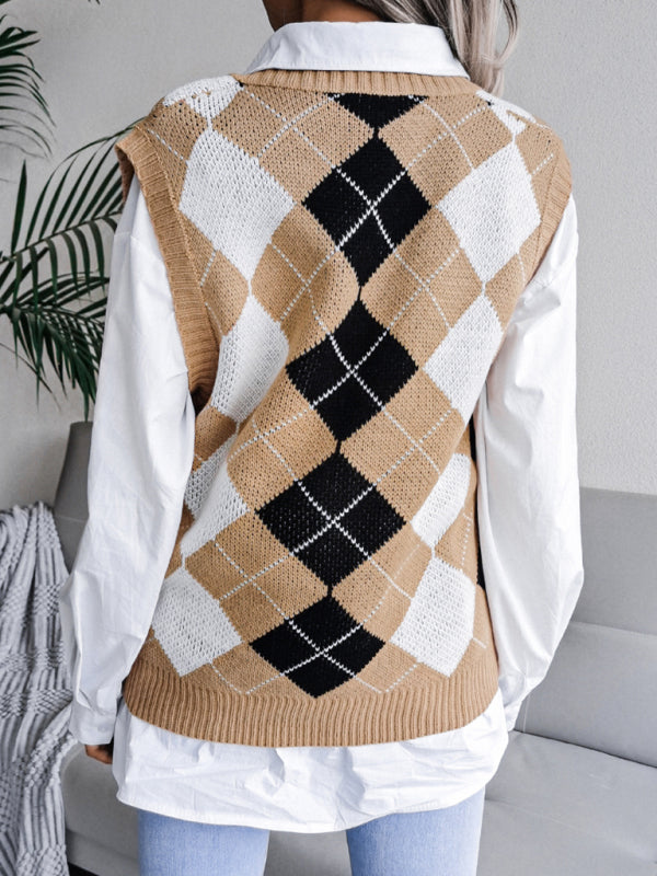 Sweater Vests- Diamond Knitted V Neck Sweater - Ribbed Vest- - Pekosa Women Clothing