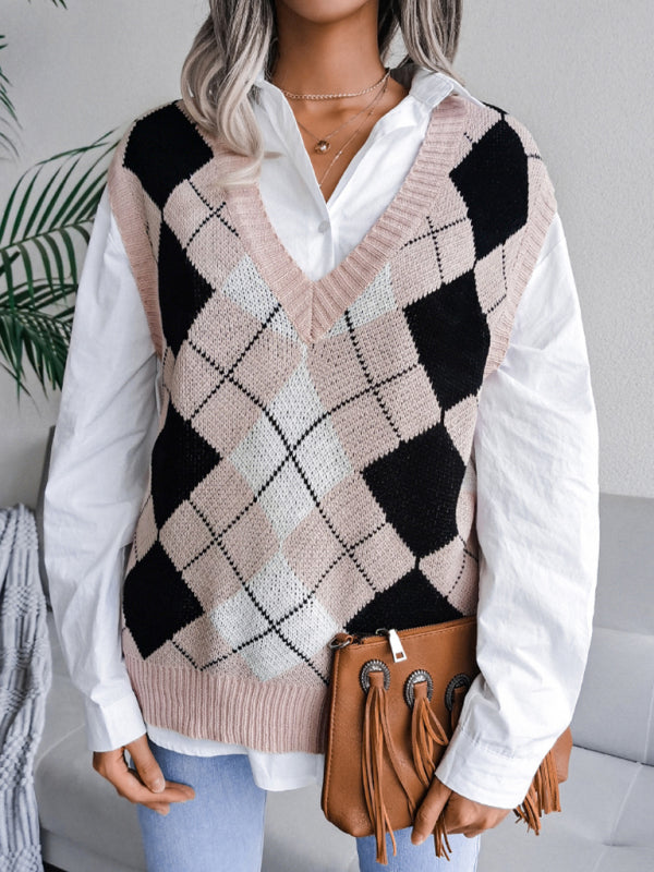 Sweater Vests- Diamond Knitted V Neck Sweater - Ribbed Vest- - Pekosa Women Clothing