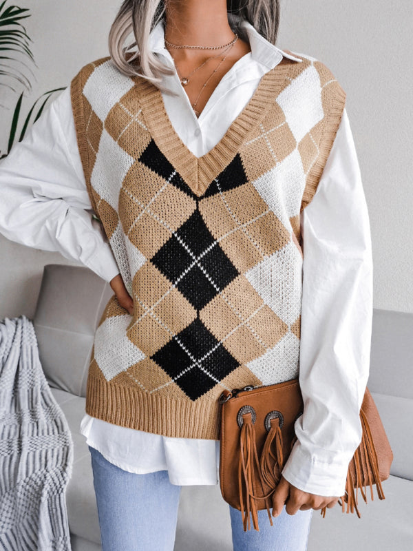 Sweater Vests- Diamond Knitted V Neck Sweater - Ribbed Vest- - Pekosa Women Clothing