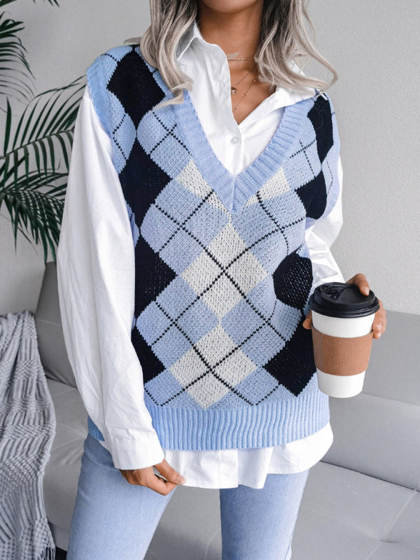 Sweater Vests- Diamond Knitted V Neck Sweater - Ribbed Vest- - Pekosa Women Clothing