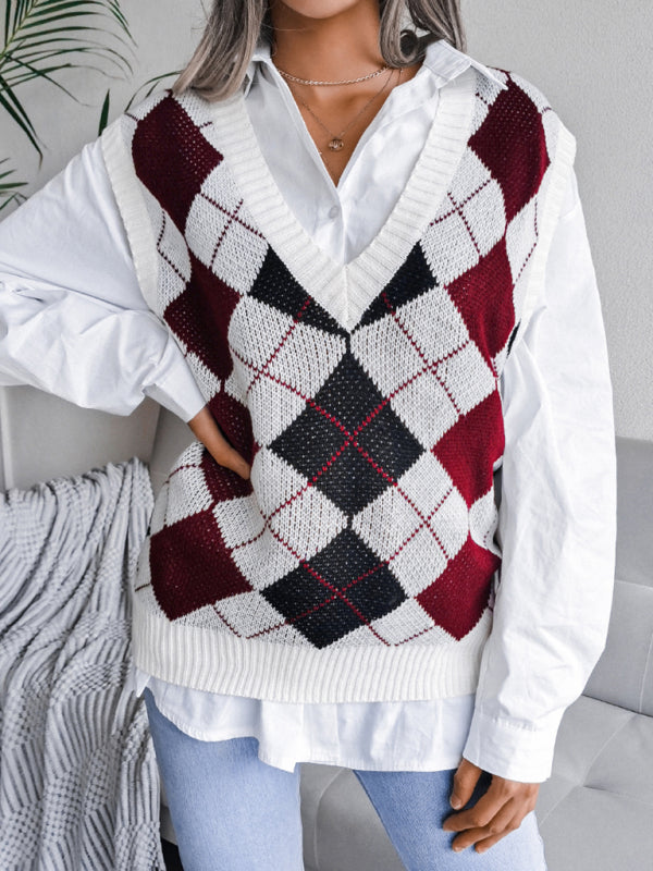 Sweater Vests- Diamond Knitted V Neck Sweater - Ribbed Vest- - Pekosa Women Clothing