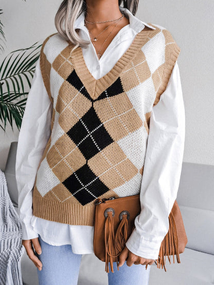 Sweater Vests- Diamond Knitted V Neck Sweater - Ribbed Vest- - Pekosa Women Clothing