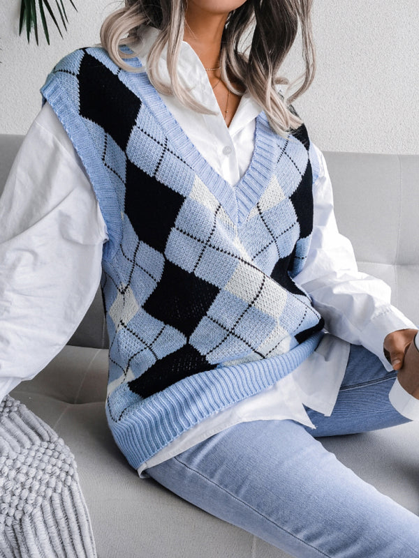 Sweater Vests- Diamond Knitted V Neck Sweater - Ribbed Vest- Blue- Pekosa Women Clothing