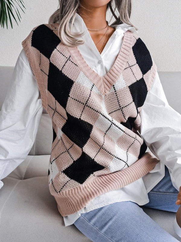 Sweater Vests- Diamond Knitted V Neck Sweater - Ribbed Vest- Pink- Pekosa Women Clothing