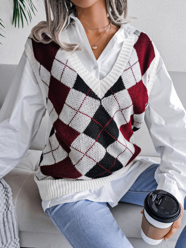 Sweater Vests- Diamond Knitted V Neck Sweater - Ribbed Vest- Red- Pekosa Women Clothing