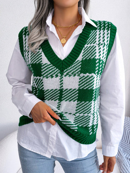 Sweater Vests- Houndstooth V Neck Sweater - Knitted Vest- - Pekosa Women Clothing