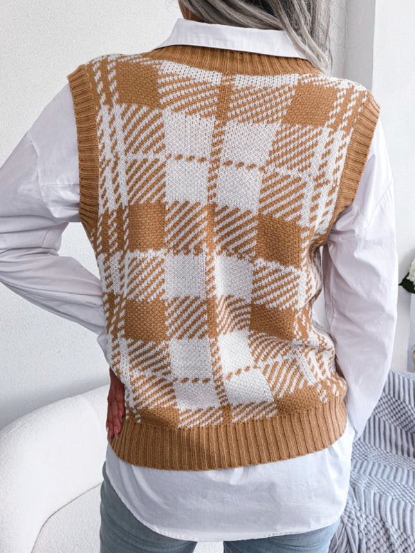 Sweater Vests- Houndstooth V Neck Sweater - Knitted Vest- - Pekosa Women Clothing