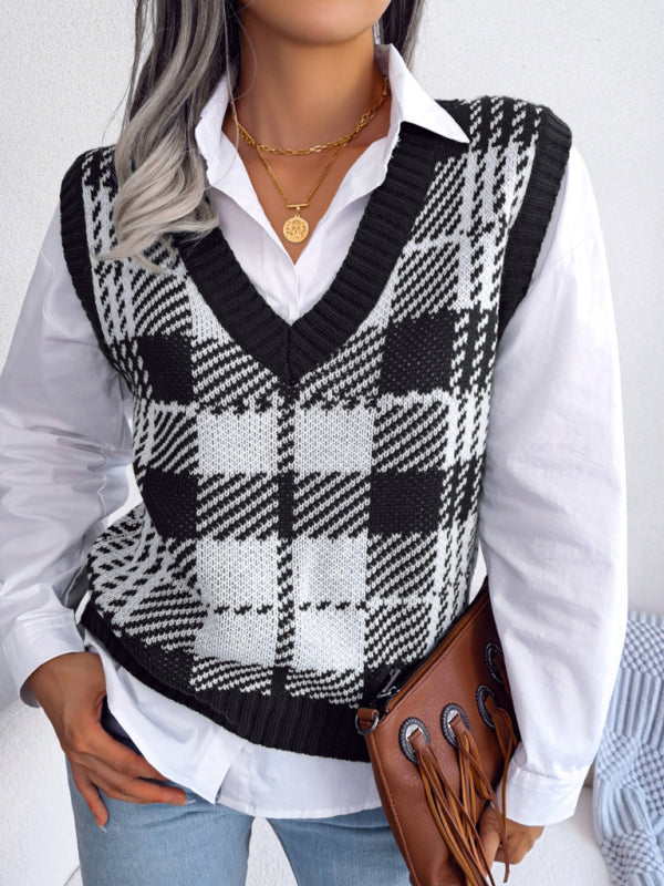 Sweater Vests- Houndstooth V Neck Sweater - Knitted Vest- - Pekosa Women Clothing