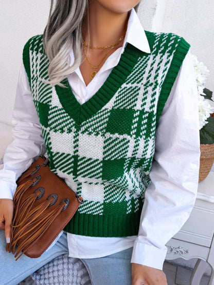 Sweater Vests- Houndstooth V Neck Sweater - Knitted Vest- - Pekosa Women Clothing