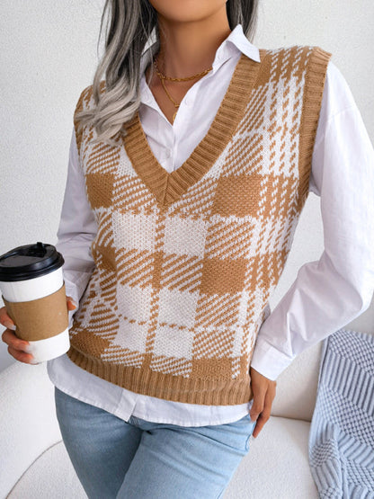 Sweater Vests- Houndstooth V Neck Sweater - Knitted Vest- - Pekosa Women Clothing