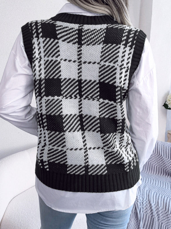 Sweater Vests- Houndstooth V Neck Sweater - Knitted Vest- - Pekosa Women Clothing