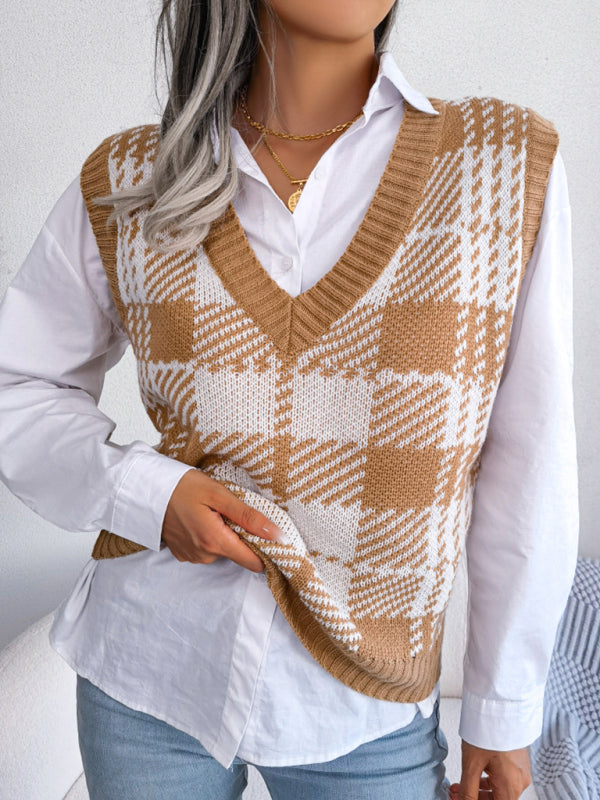 Sweater Vests- Houndstooth V Neck Sweater - Knitted Vest- - Pekosa Women Clothing