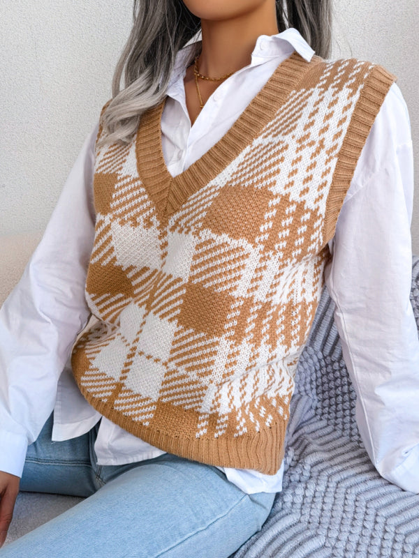 Sweater Vests- Houndstooth V Neck Sweater - Knitted Vest- - Pekosa Women Clothing