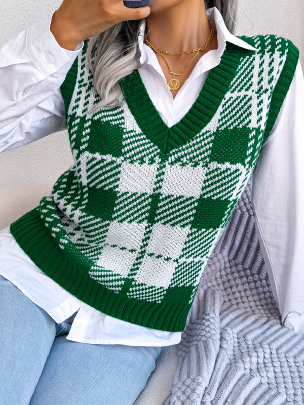 Sweater Vests- Houndstooth V Neck Sweater - Knitted Vest- - Pekosa Women Clothing