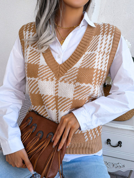 Sweater Vests- Houndstooth V Neck Sweater - Knitted Vest- Khaki- Pekosa Women Clothing