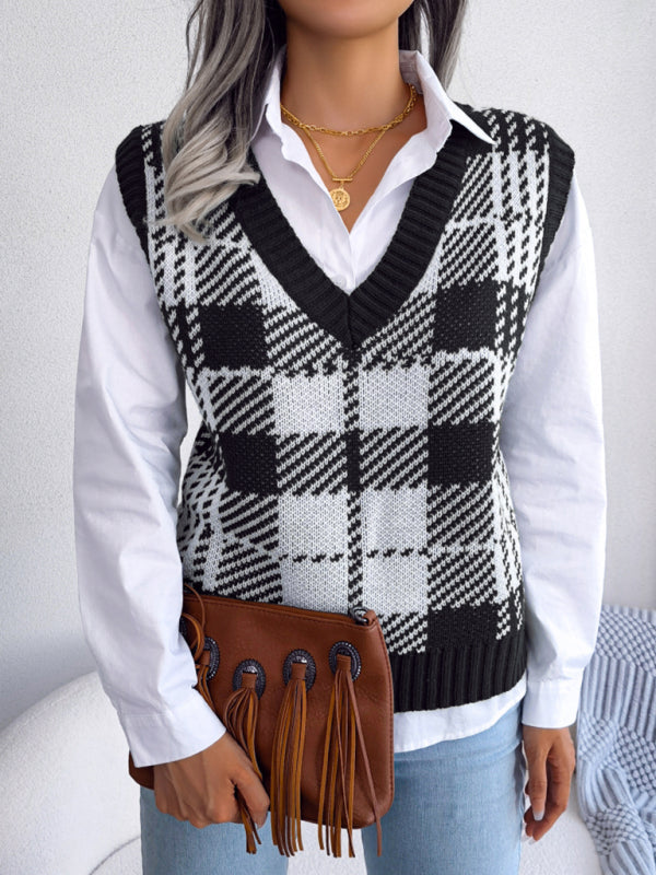 Sweater Vests- Houndstooth V Neck Sweater - Knitted Vest- - Pekosa Women Clothing