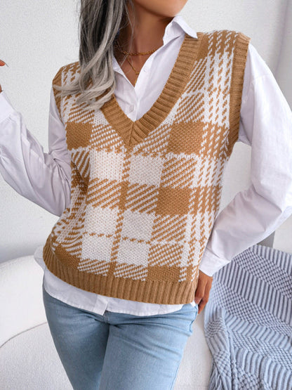 Sweater Vests- Houndstooth V Neck Sweater - Knitted Vest- - Pekosa Women Clothing