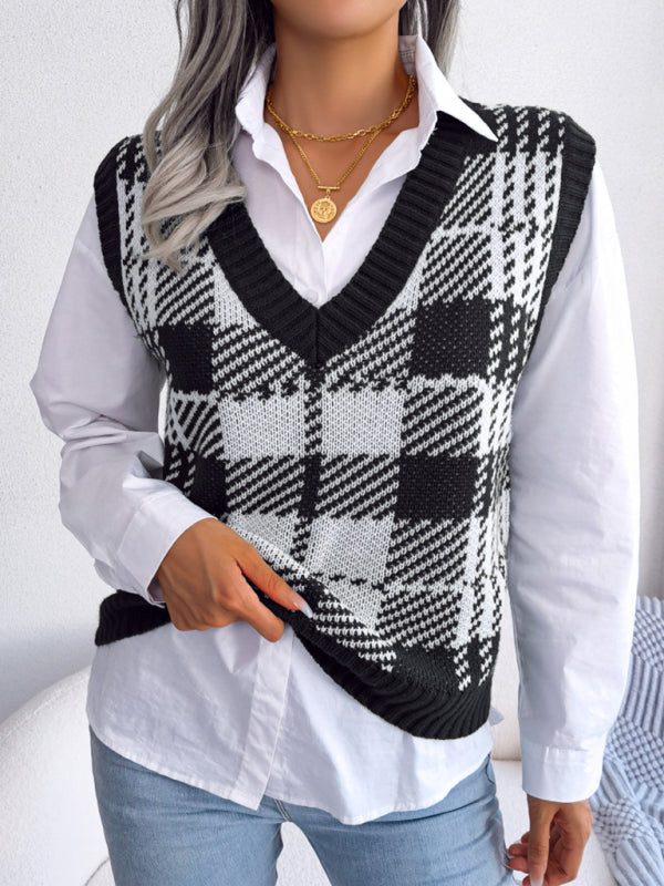 Sweater Vests- Houndstooth V Neck Sweater - Knitted Vest- Black- Pekosa Women Clothing