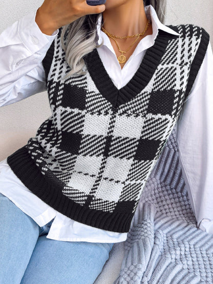 Sweater Vests- Houndstooth V Neck Sweater - Knitted Vest- - Pekosa Women Clothing