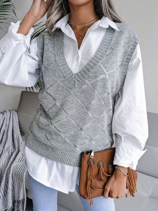 Sweater Vests- Knitted Sweater - Diamond Openwork Ribbed Vest- Grey- Pekosa Women Clothing