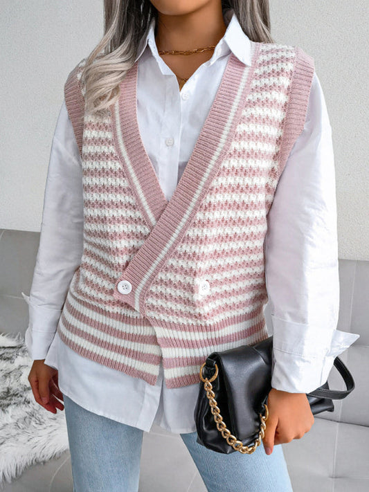 Sweater Vests- Knitted V Neck Sweate - Double-Breasted Vest- Pink- Pekosa Women Clothing