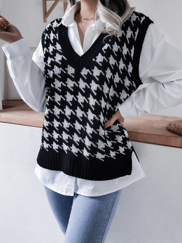 Sweater Vests- Knitted V Neck Sweater - Houndstooth Vest- - Pekosa Women Clothing