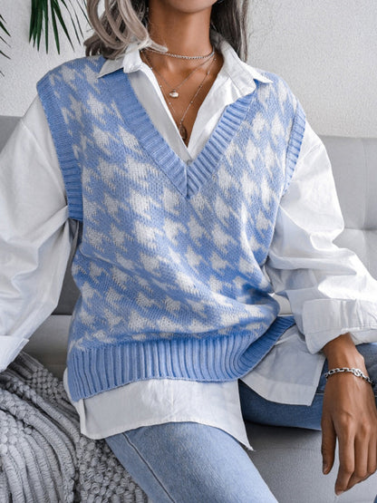 Sweater Vests- Knitted V Neck Sweater - Houndstooth Vest- Blue- Pekosa Women Clothing