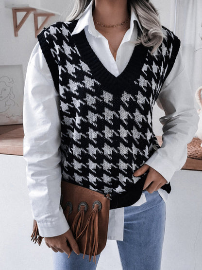 Sweater Vests- Knitted V Neck Sweater - Houndstooth Vest- - Pekosa Women Clothing