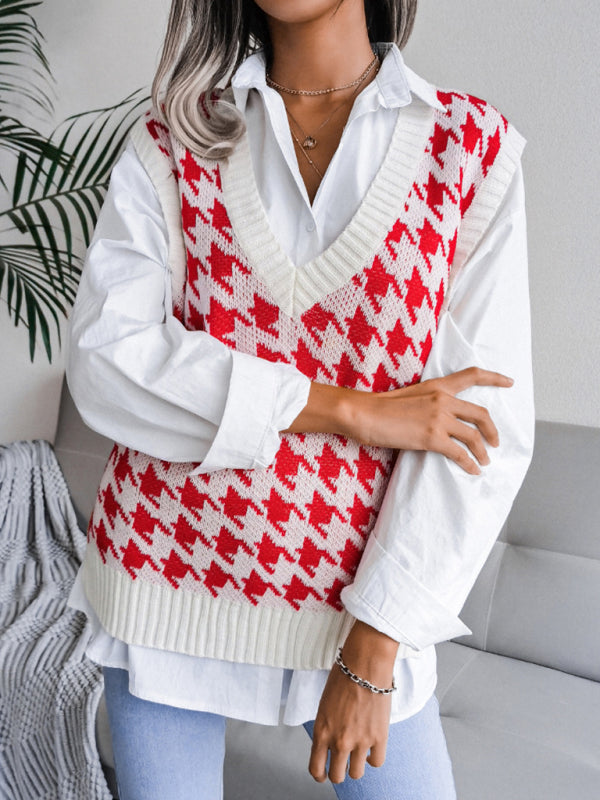 Sweater Vests- Knitted V Neck Sweater - Houndstooth Vest- - Pekosa Women Clothing