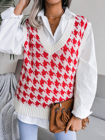 Sweater Vests- Knitted V Neck Sweater - Houndstooth Vest- - Pekosa Women Clothing