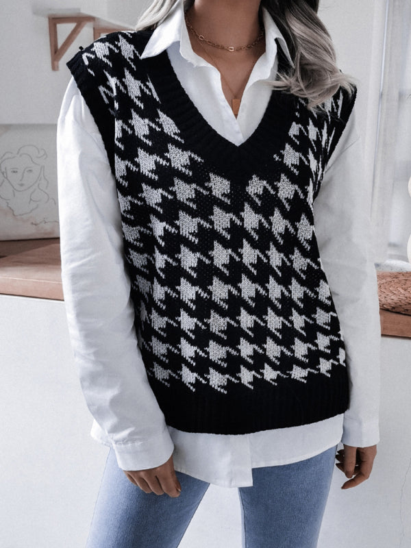 Sweater Vests- Knitted V Neck Sweater - Houndstooth Vest- - Pekosa Women Clothing