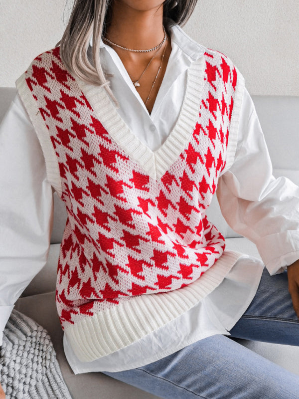 Sweater Vests- Knitted V Neck Sweater - Houndstooth Vest- - Pekosa Women Clothing