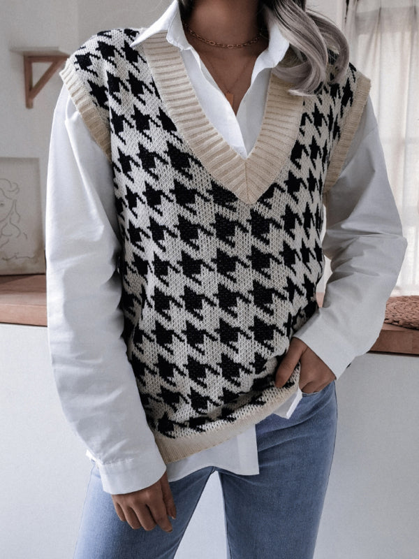 Sweater Vests- Knitted V Neck Sweater - Houndstooth Vest- - Pekosa Women Clothing