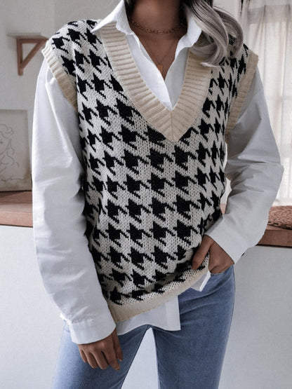 Sweater Vests- Knitted V Neck Sweater - Houndstooth Vest- - Pekosa Women Clothing