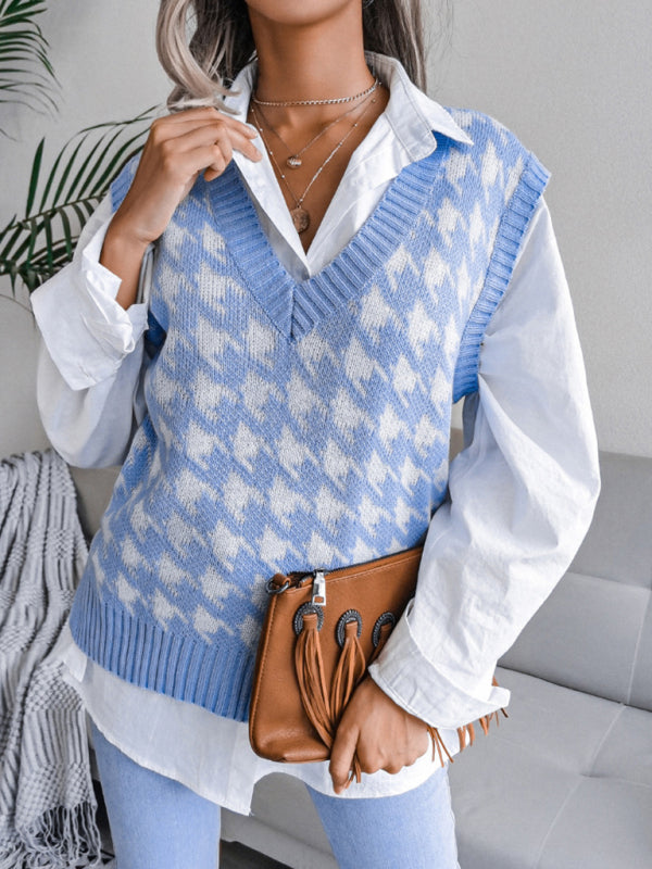 Sweater Vests- Knitted V Neck Sweater - Houndstooth Vest- - Pekosa Women Clothing