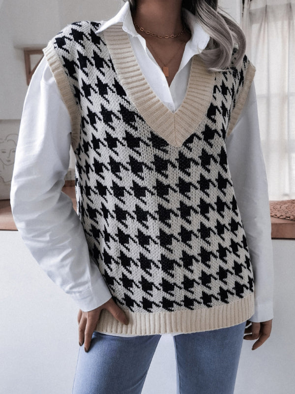 Sweater Vests- Knitted V Neck Sweater - Houndstooth Vest- - Pekosa Women Clothing