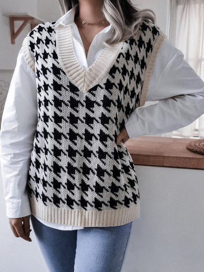 Sweater Vests- Knitted V Neck Sweater - Houndstooth Vest- - Pekosa Women Clothing